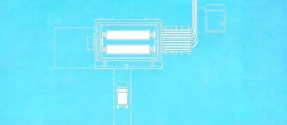 Schematic compounding bay showing mill, cooling-water lines and operator access, not a street map