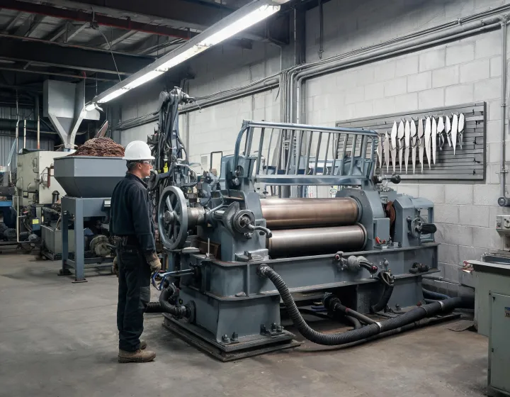 Two-roll rubber mixing mill in a compounding bay during a factory survey
